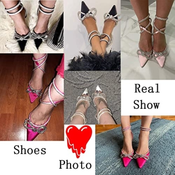 AMINUGAL Womens Rhinestones Bow Heeled Sandals Ankle Strap Pointed Toe Stiletto High Heels Dress Pumps For Wonen