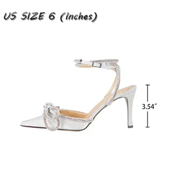 AMINUGAL Womens Rhinestones Bow Heeled Sandals Ankle Strap Pointed Toe Stiletto High Heels Dress Pumps For Wonen