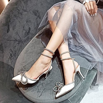 AMINUGAL Womens Rhinestones Bow Heeled Sandals Ankle Strap Pointed Toe Stiletto High Heels Dress Pumps For Wonen