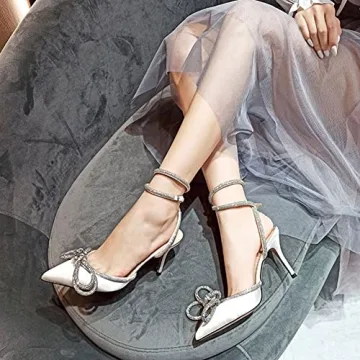 AMINUGAL Womens Rhinestones Bow Heeled Sandals Ankle Strap Pointed Toe Stiletto High Heels Dress Pumps For Wonen
