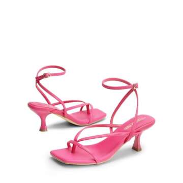 DREAM PAIRS Women's kitten Low Strappy Lace Up Heels Open Square Toe Thong Ankle Strap Heels Sexy Fashion Comfort Dress Shoes Party Sylvestra Pumps Heeled Sandals,Size 6.5,Hot Pink-Pu,SDHS2405W