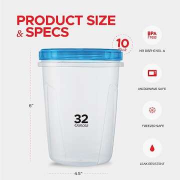 10 Pack Leakproof Freezer Containers for Food with Twist Top Lids - 32 Oz BPA Free Reusable Plastic Soup Containers with Screw On Lids - Ideal for Meal Prep, Leftovers & Pantry Organization