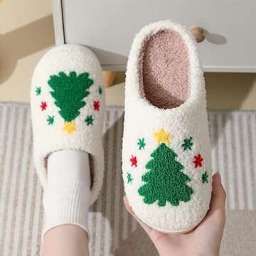 FRZTOUR Christmas Slippers Memory Foam for Women Men, Cozy Plush Warm Non-Slip Holiday Slides with Santa Reindeer Designs Indoor Outdoor, Christmas Tree, 7.5-8.5 Women/7-8 Men
