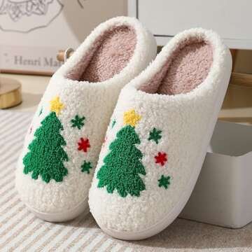 FRZTOUR Christmas Slippers Memory Foam for Women Men, Cozy Plush Warm Non-Slip Holiday Slides with Santa Reindeer Designs Indoor Outdoor, Christmas Tree, 7.5-8.5 Women/7-8 Men