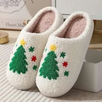 FRZTOUR Christmas Slippers Memory Foam for Women Men, Cozy Plush Warm Non-Slip Holiday Slides with Santa Reindeer Designs Indoor Outdoor, Christmas Tree, 7.5-8.5 Women/7-8 Men