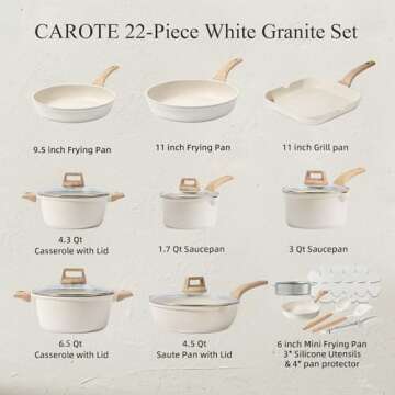 CAROTE 22pcs Pots and Pans Set Nonstick, Cookware Set White Granite Induction Kitchen Cooking Set w/...