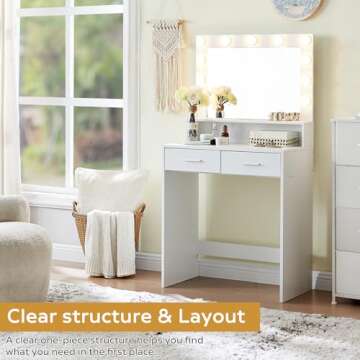 MIRROTOWEL Vanity Desk with Mirror and Lights, Dressing Table with Large Drawer, 2 Level Storage Dresser & 3 Lighting Modes Adjustable Brightness, Suitable for Bedroom