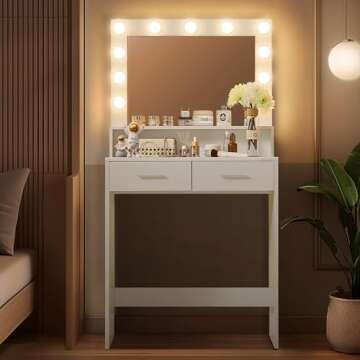 MIRROTOWEL Vanity Desk with Mirror and Lights, Dressing Table with Large Drawer, 2 Level Storage Dresser & 3 Lighting Modes Adjustable Brightness, Suitable for Bedroom
