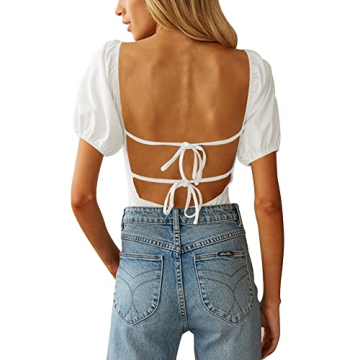 oton Women's Summer Backless Puff Sleeve Bodysuit - Chic & Comfortable