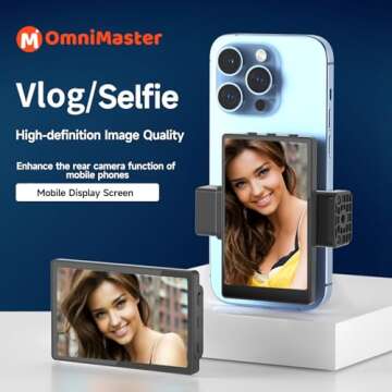 OmniMaster Phone Vlog Selfie Monitor Screen, Magnetic Phone Holder Clip Mount, Using Rear Camera for Selfie Vlog Live Stream TikTok, Instagram, YouTube, iPhone & Android Phone Compatible