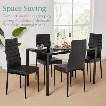 Best Choice Products 5-Piece Glass Dining Set, Modern Kitchen Table Furniture for Dining Room, Dinette, Compact Space-Saving w/Glass Tabletop, 4 Upholstered PU Chairs, Metal Steel Frame - Black