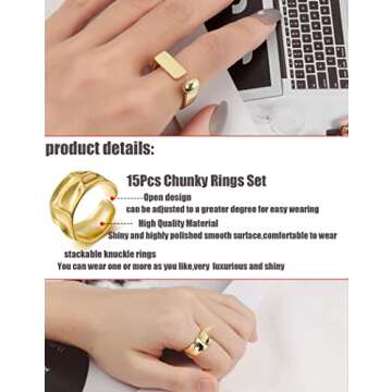 COLOYAN 15Pcs Gold Dome Chunky Rings for Women 18K Gold Plated Croissant Braided Twisted Round Signe...