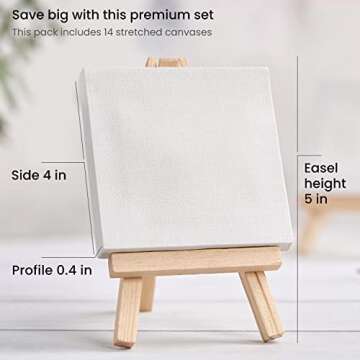 ARTEZA Small Canvases with Easels, 4 x 4 Inches, Pack of 14, Blank White Stretched Canvas for Acrylic, Oil and Gouache Painting