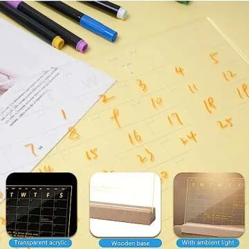 Acrylic Calendar for Desk, Clear Dry Erase Board Calendar with LED Light 13 x 9 for Bedroom/Office,Writing List Clear Weekly/Monthly,incudes 6 Dry Erase Markers (Acrylic Calendar Board)