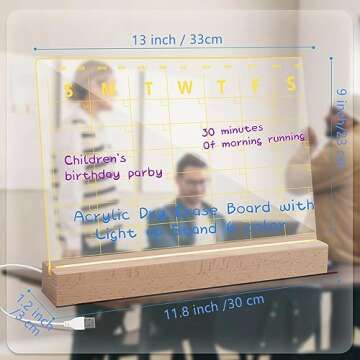 Acrylic Calendar for Desk, Clear Dry Erase Board Calendar with LED Light 13 x 9 for Bedroom/Office,Writing List Clear Weekly/Monthly,incudes 6 Dry Erase Markers (Acrylic Calendar Board)