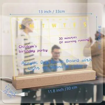 Acrylic Calendar for Desk, Clear Dry Erase Board Calendar with LED Light 13 x 9 for Bedroom/Office,Writing List Clear Weekly/Monthly,incudes 6 Dry Erase Markers (Acrylic Calendar Board)