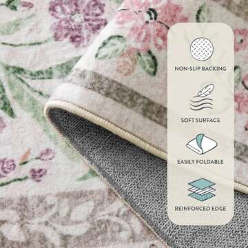 Lahome Boho Purple Floral 5x7 Area Rugs, Machine Washable Area Rugs for Living Room Bedroom, Soft Non-Slip Nursery Carpet for Kids Room Girls Playroom, Pale Lilac/Pink