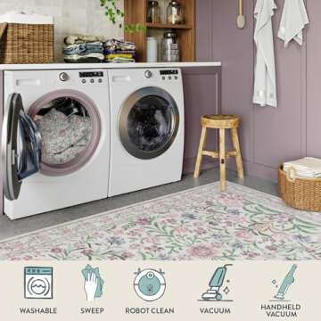 Lahome Boho Purple Floral 5x7 Area Rugs, Machine Washable Area Rugs for Living Room Bedroom, Soft Non-Slip Nursery Carpet for Kids Room Girls Playroom, Pale Lilac/Pink