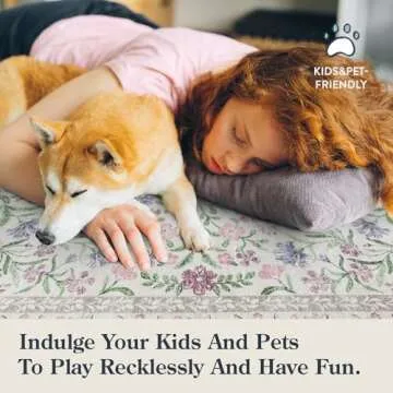 Lahome Boho Purple Floral 5x7 Area Rugs, Machine Washable Area Rugs for Living Room Bedroom, Soft Non-Slip Nursery Carpet for Kids Room Girls Playroom, Pale Lilac/Pink