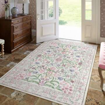 Lahome Boho Purple Floral 5x7 Area Rugs, Machine Washable Area Rugs for Living Room Bedroom, Soft Non-Slip Nursery Carpet for Kids Room Girls Playroom, Pale Lilac/Pink