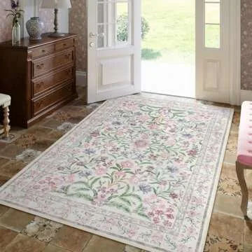 Lahome Boho Purple Floral 5x7 Area Rugs, Machine Washable Area Rugs for Living Room Bedroom, Soft Non-Slip Nursery Carpet for Kids Room Girls Playroom, Pale Lilac/Pink