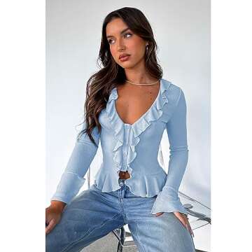 ABYOVRT Women Y2k Shirts Long Sleeve Deep V Neck Ruffle Crop Tops Going Out Top Sexy Blouse Club Str...