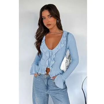 ABYOVRT Women Y2K Long Sleeve Deep V Neck Ruffle Tops