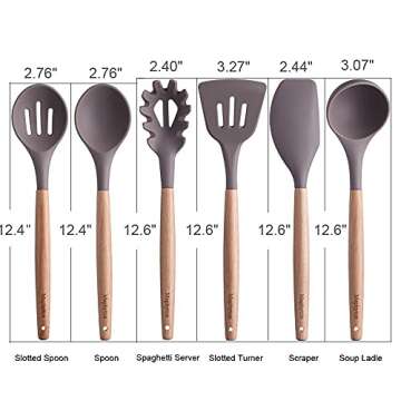 Mapthon Silicone Cooking Kitchen Utensils Set 6 PCS with Wooden Handle for Non-Sticker Cookware Heat-Resistant Kitchen Gadgets Serving Spoons, Slotted Turner, Spatula, Spaghetti Server(Grey)