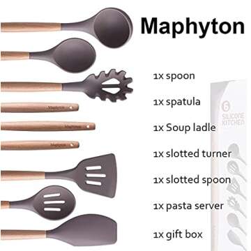Mapthon Silicone Cooking Kitchen Utensils Set 6 PCS with Wooden Handle for Non-Sticker Cookware Heat-Resistant Kitchen Gadgets Serving Spoons, Slotted Turner, Spatula, Spaghetti Server(Grey)