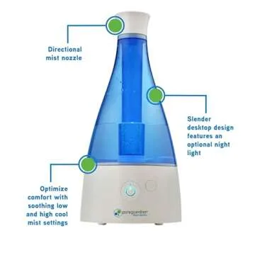 PureGuardian Ultrasonic Cool Mist Humidifier, 30 Hrs. Run Time, 0.5 Gal. Tank Capacity, 350 Sq. Ft. Coverage, Small Rooms, Quiet, Filter Free, Silver Clean Treated Tank, H940AR