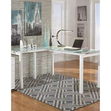 Signature Design by Ashley Baraga Contemporary Glass L-Shaped Home Office Desk, White