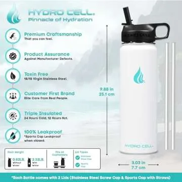 HYDRO CELL Stainless Steel Insulated Water Bottle with Straw - For Cold & Hot Drinks - Metal Vacuum Flask with Screw Cap and Modern Leakproof Sport Thermos for Kids & Adults (White 24oz)