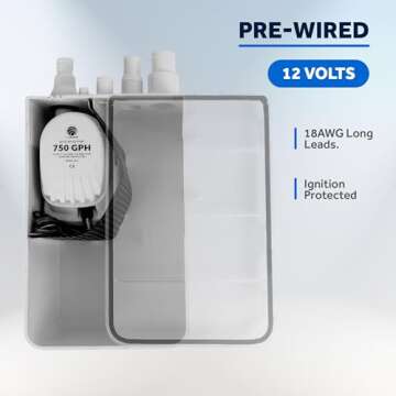 Five Oceans 750 GPH Boat Shower Sump Pump Drain System Kit, 12-Volts, Multiple Inlet Ports, Clear Cover, Check-Valve on Outlet - FO3611