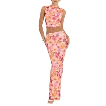 Trendy Sastianaen Women 2 Piece Floral Print Bodycon Maxi Skirt Outfit