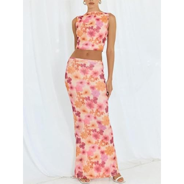 Sastianaen 2 Piece Floral Print Maxi Skirt Set for Women