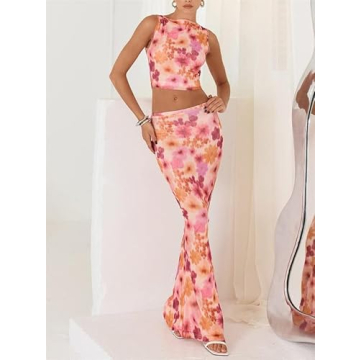 Sastianaen 2 Piece Floral Print Maxi Skirt Set for Women