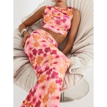 Sastianaen 2 Piece Floral Print Maxi Skirt Set for Women