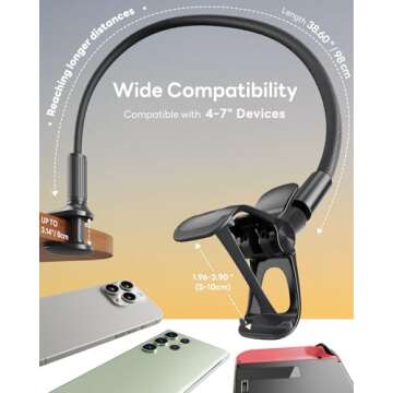 SAIJI Gooseneck Phone Holder for Bed Overall Length 38.6” Flexible Leather Wrapped Arm Overhead Ce...