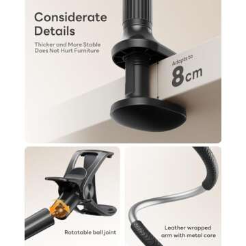 SAIJI Gooseneck Phone Holder for Bed Overall Length 38.6” Flexible Leather Wrapped Arm Overhead Cell Phone Mount Stand with 360° Adjustable Clamp Clip, Compatible with All 4-7” Cellphones (Black)