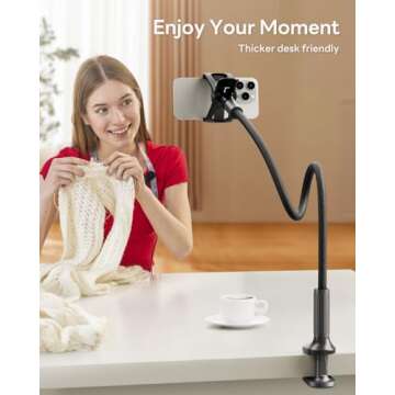 SAIJI Gooseneck Phone Holder for Bed Overall Length 38.6” Flexible Leather Wrapped Arm Overhead Cell Phone Mount Stand with 360° Adjustable Clamp Clip, Compatible with All 4-7” Cellphones (Black)