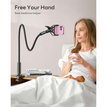 SAIJI Gooseneck Phone Holder for Bed Overall Length 38.6” Flexible Leather Wrapped Arm Overhead Cell Phone Mount Stand with 360° Adjustable Clamp Clip, Compatible with All 4-7” Cellphones (Black)