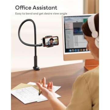 SAIJI Gooseneck Phone Holder for Bed Overall Length 38.6” Flexible Leather Wrapped Arm Overhead Cell Phone Mount Stand with 360° Adjustable Clamp Clip, Compatible with All 4-7” Cellphones (Black)