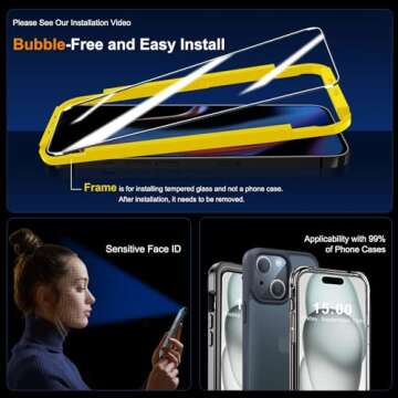 QHOHQ 3 Pack Screen Protector for iPhone 15 [6.1 Inch] with 3 Pack Camera Lens Protector, Tempered Glass Film, HD Clear, 9H Hardness, No Bubbles, Case Friendly