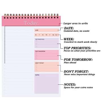 To Do List Notepad, Pink Undated Daily Task Planner, 52 Sheets 6.7" X 9.8" Productivity Checklist Notebook Organizer Note Pad