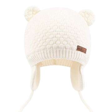 Duoyeree Baby Winter Hat with Ear Flaps - Cozy Knit Beanie for Toddlers 12-18 Months, White