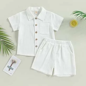 Hoanselay Baby Boy Cotton Linen Shorts Set Solid Color Short Sleeve Button Down T-shirt Tops and Shorts Summer Outfit Clothes (White Shorts Set, 18-24 Months)