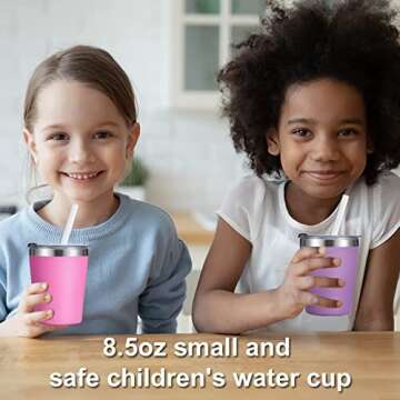 Sursip 2 Pack 8.5 OZ Kids & Toddler Cup -Stainless Steel Water Bottle Spill Proof Insulated Tumbler with Leak Proof Lid & Silicone Straw with Stopper - BPA FREE Baby Drinking Cup
