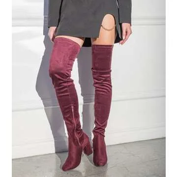 RF ROOM OF FASHION Cab-21 Women's Fitted Over The Knee Thigh High Chunky Heel Stretch Boots (Regular Calf) (BURGUNDY, Size 9)