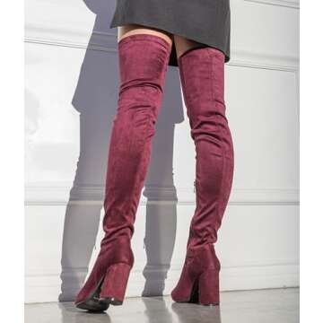 RF ROOM OF FASHION Cab-21 Women's Fitted Over The Knee Thigh High Chunky Heel Stretch Boots (Regular Calf) (BURGUNDY, Size 9)