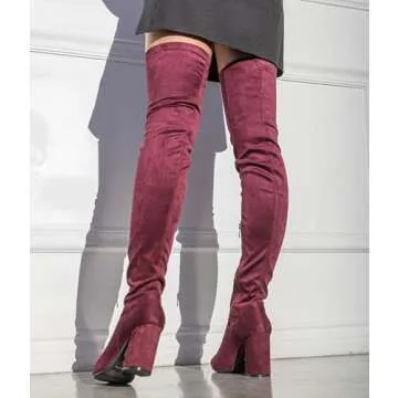 RF ROOM OF FASHION Cab-21 Women's Fitted Over The Knee Thigh High Chunky Heel Stretch Boots (Regular Calf) (BURGUNDY, Size 9)